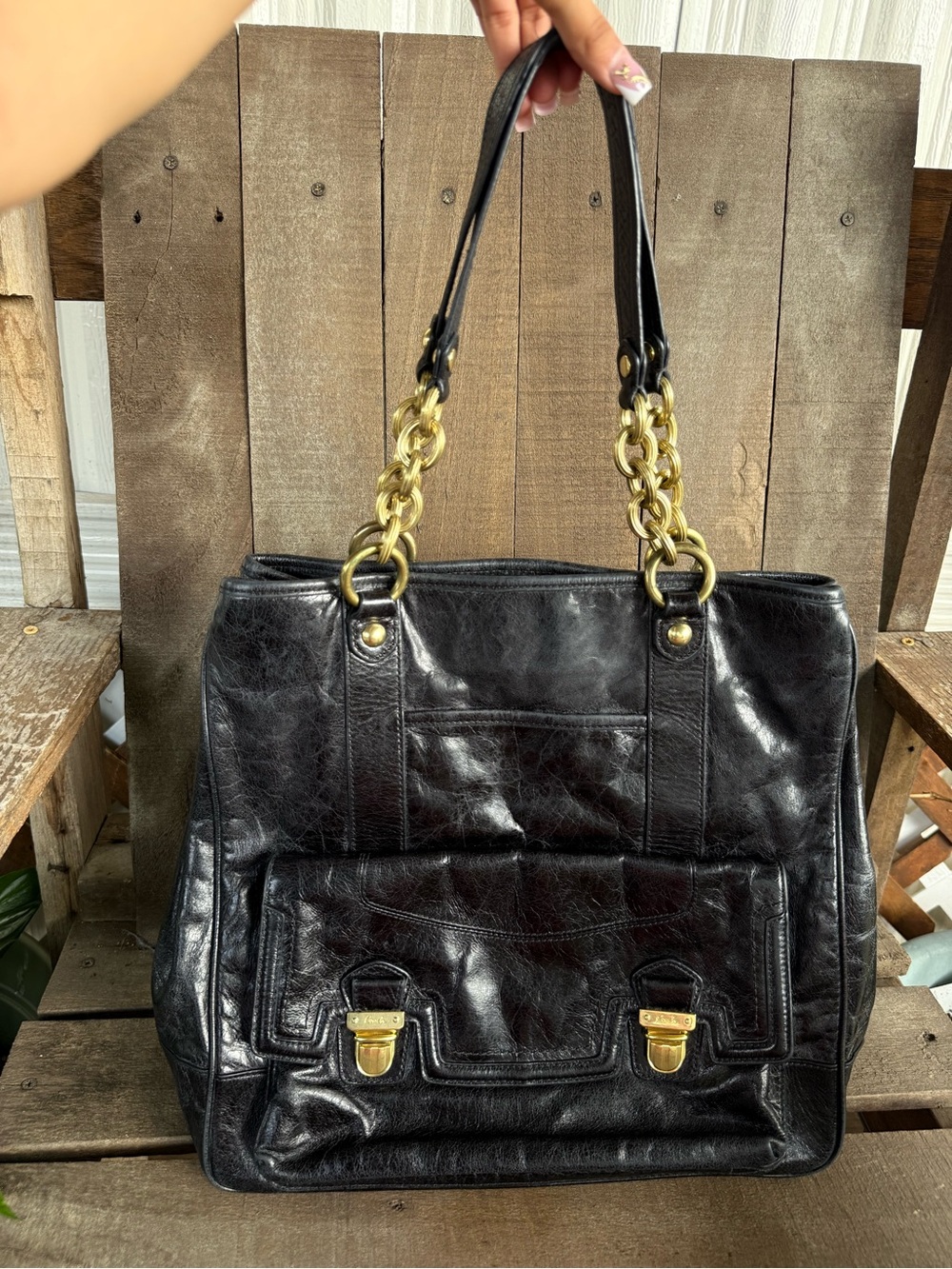 Authentic Coach Poppy Camelia Black Leather Pushlock Chain Tote Bag 17924
